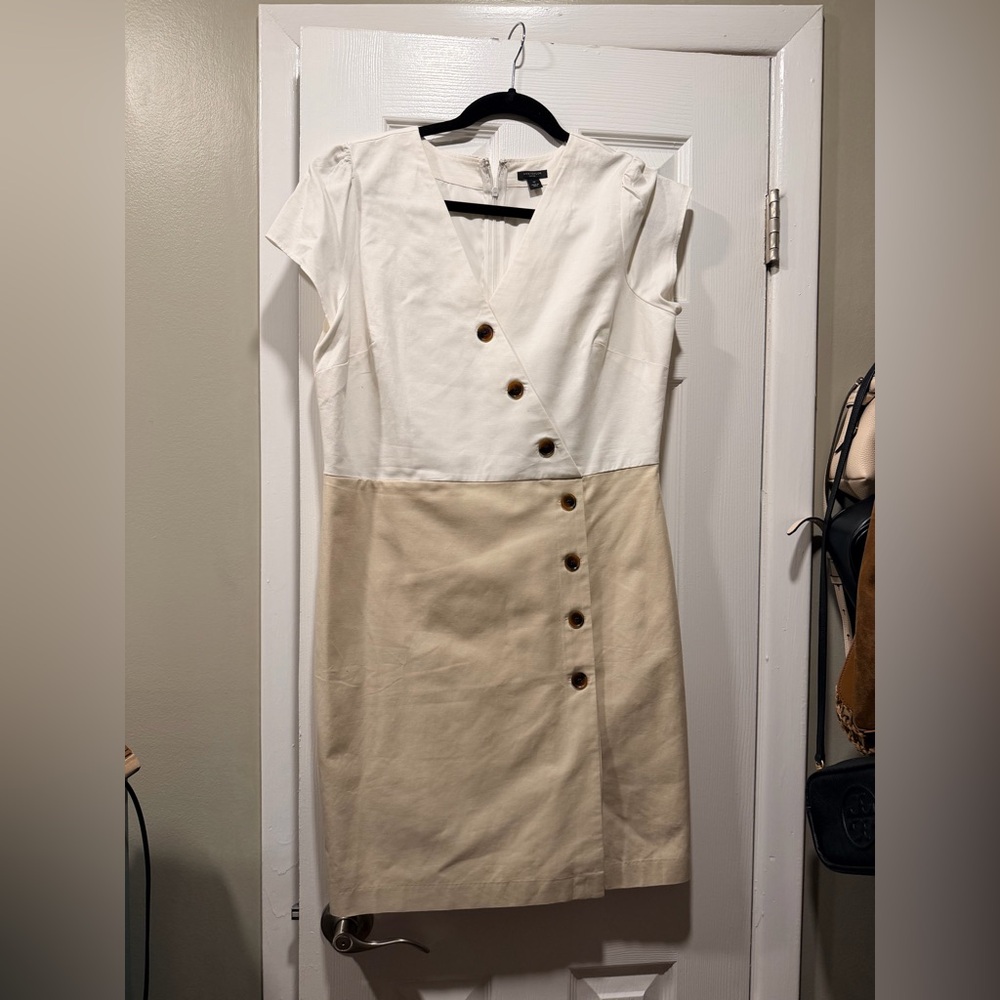 Ann Taylor Two-Tone Cream and Beige Button-Accent Midi Dress